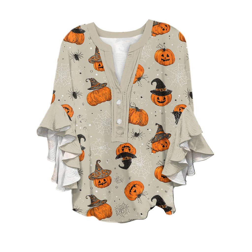 Women's V-neck Seven Quarter Sleeved Shirt Halloween Printed Top Casual Shirt