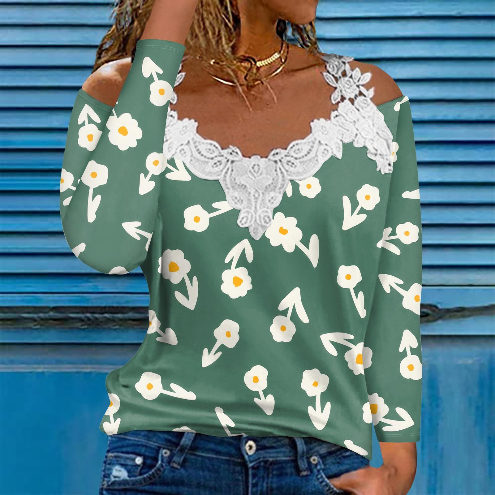 

Модный кружевной пуловер с V-образным вырезом, длинный рукав, цветочный принт, повседневная футболка S