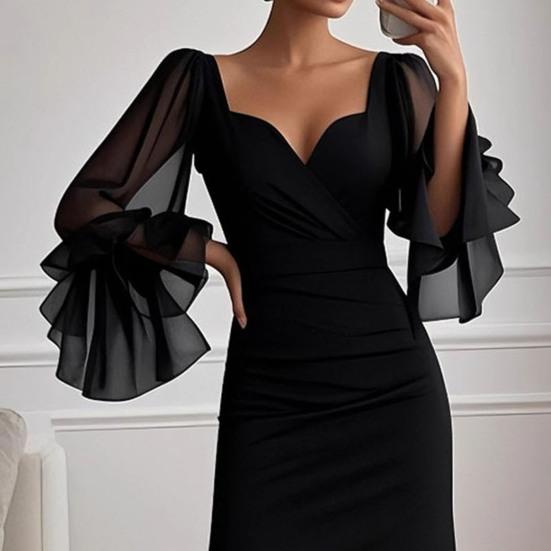 Women's V Neck Maxi Dress Sexy Mesh Long Lantern Sleeve Slit Long Evening Dress Cocktail Party Formal Gown