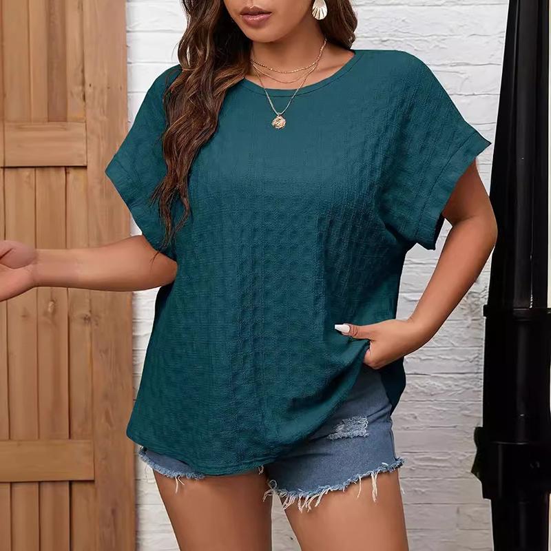 (XL~5XL) Uformell Løs Ensfarget Kort Erm for Kvinner Sommer Rund Hals Rutenett Fold Flaggermus Kort Erm Pustende Lett Myk Komfortabel Arbeid Pluss Topper