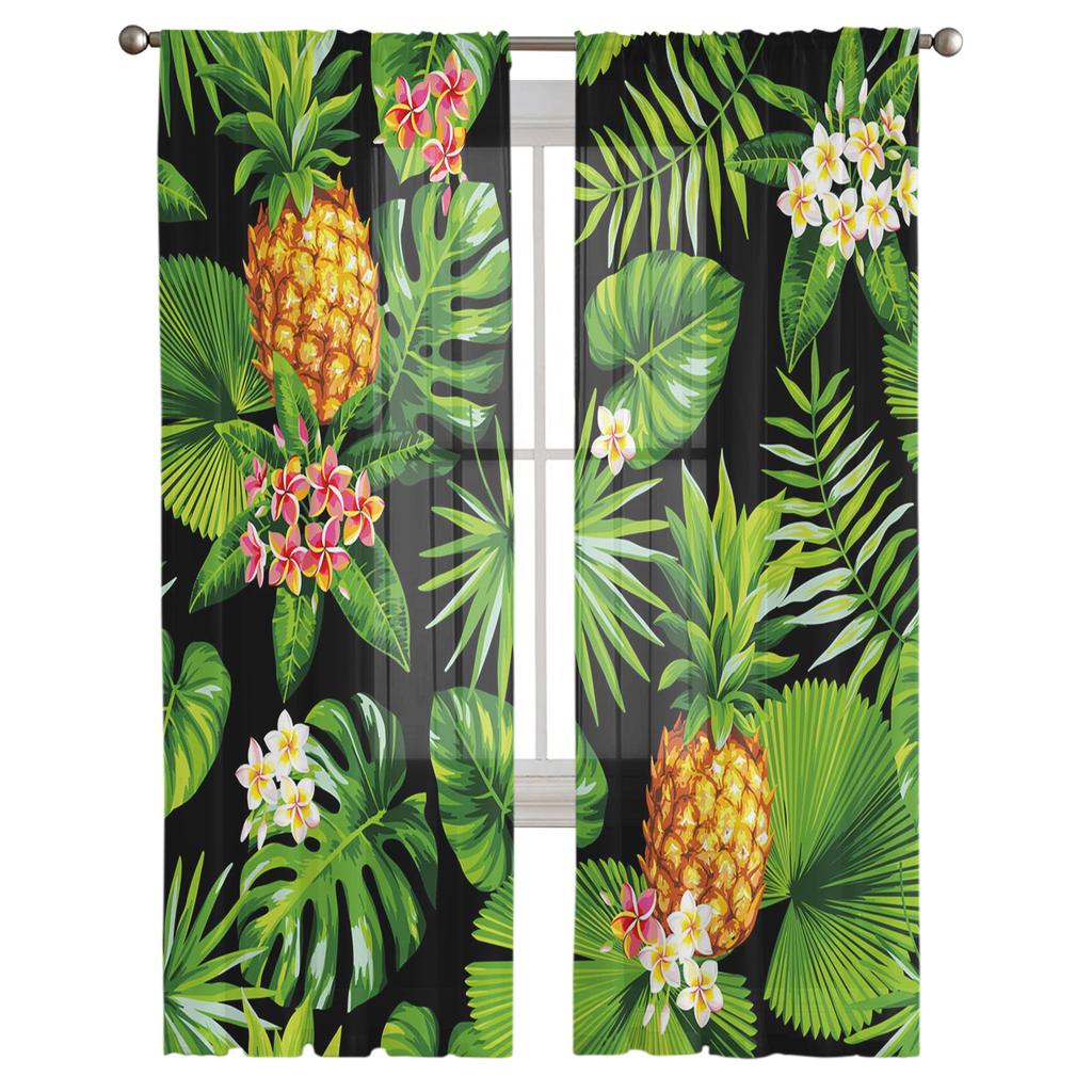 Pineapple Green Leaves Flowers Plant Tulle Sheer Window Curtains for Living Room Kitchen Children Bedroom Voile Hanging Curtain