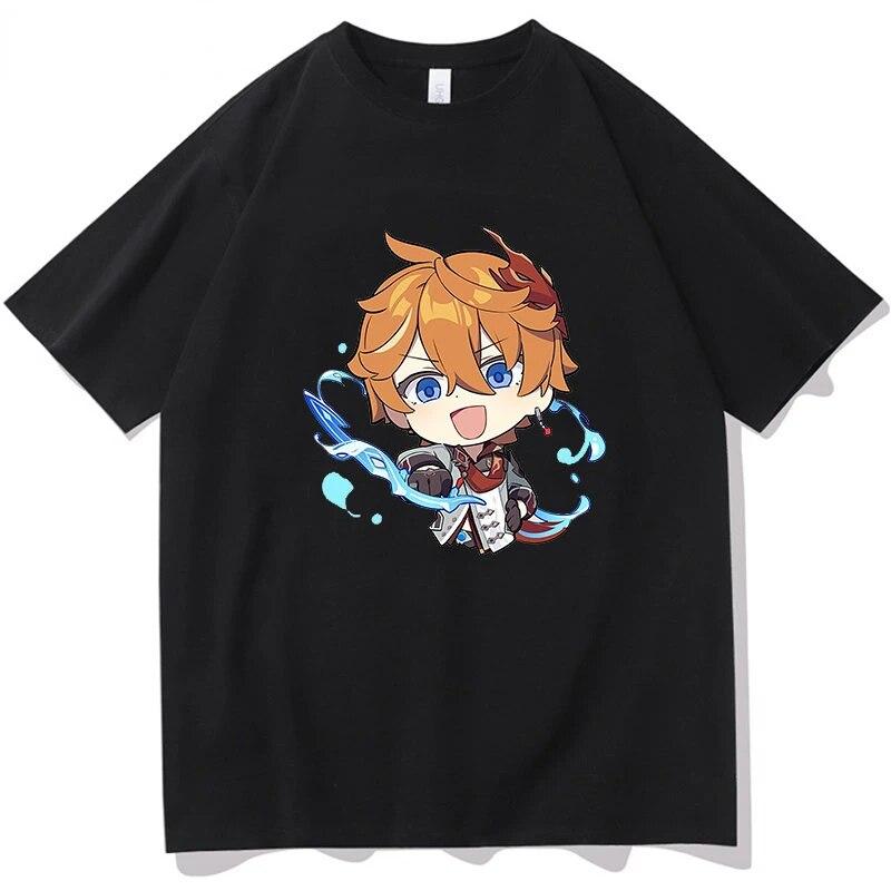 Summer Cozy Soft Casual Tops Tartaglia T-shirt Genshin Impact - Chibi Childe Couple 100%Cotton Cute Cartoon Print Women Shirt