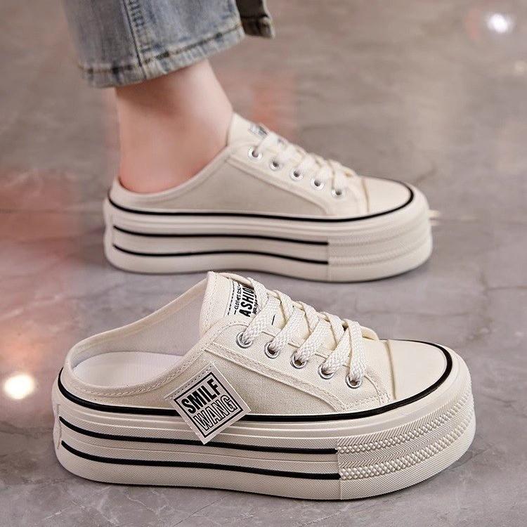 Canvas half-drag women s shoes are worn outside the spring new models high-end thick soles are increased no heels are lazy 35 4734₽