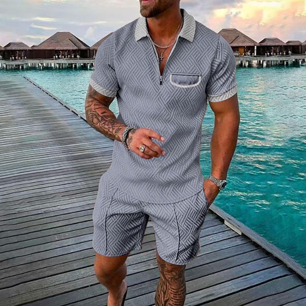 

Men s Fashion 3D Digital Printed Zipper Short Sleeve Shorts Set XL сірий