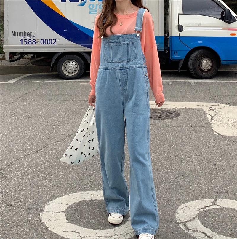 Women's High-Waisted Wide-Leg Denim Overalls - Korean Style, Age-Reducing, Loose Fit with Big Pockets for Spring and Autumn