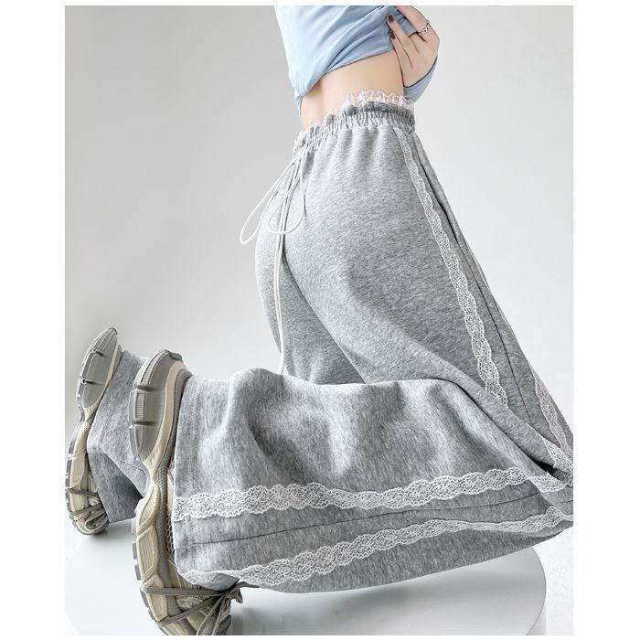 

Кружевные брюки-пачворк широкого кроя: Женские 2025 Весна/Лето Утягивающие Драпированные Повседневные Брюки Medium серый