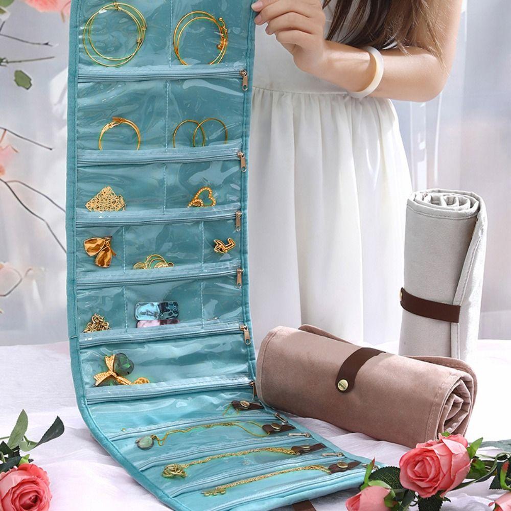 Roll-Up Style Jewelry Organizer Multi-pocket Zipper Anti-lost Jewelry Storage Pouch Flannel Foldable Storage Bag