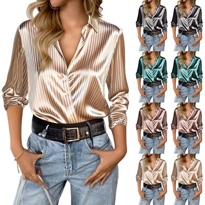 Elegantes und Stilvolles Retro-Gestreiftes Hemd Mit Kragen Für Damen