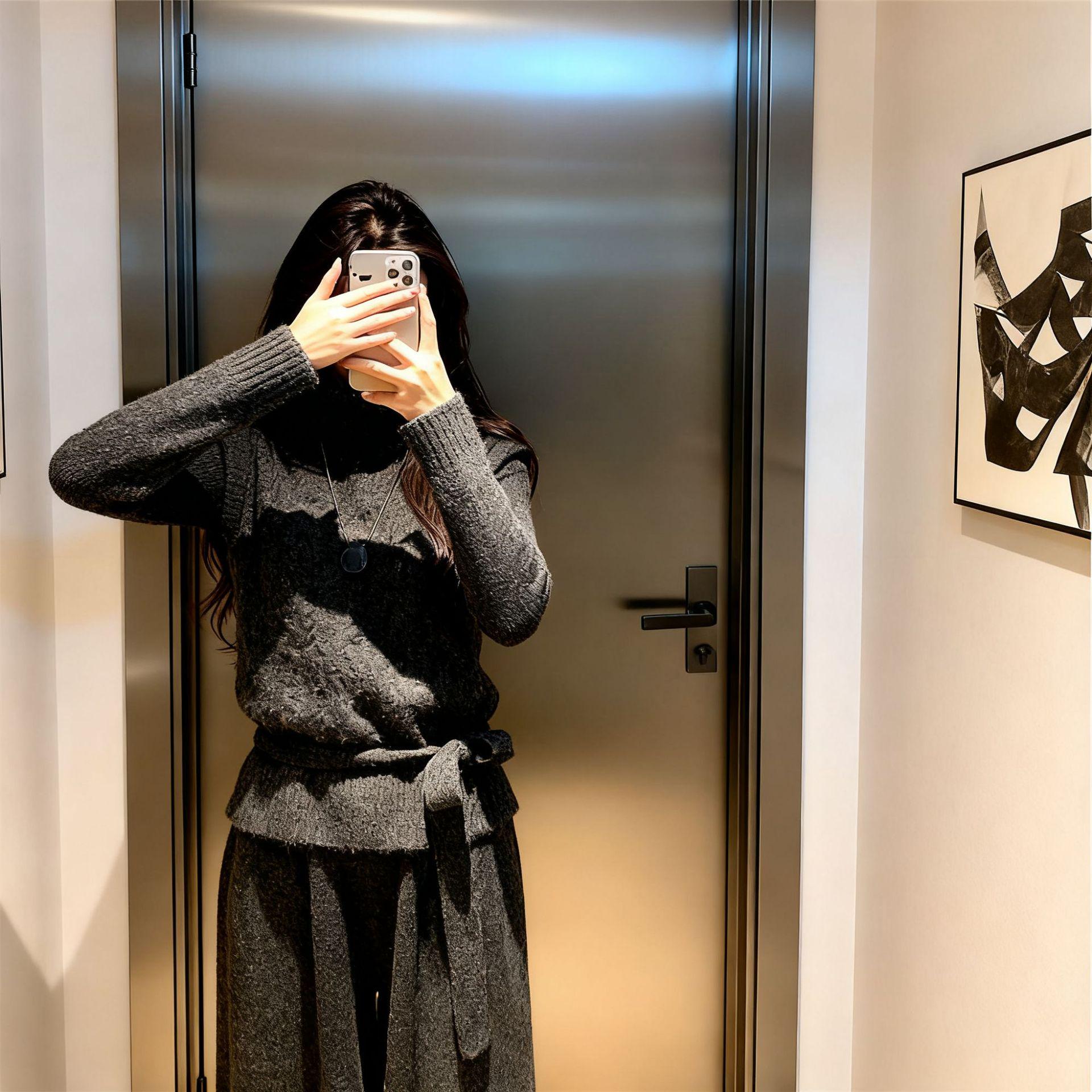 Korean Style Winter Knit Skirt Set: High Neck Fluffy Sweater, Cable Knit Vest, and Skirt Trio M