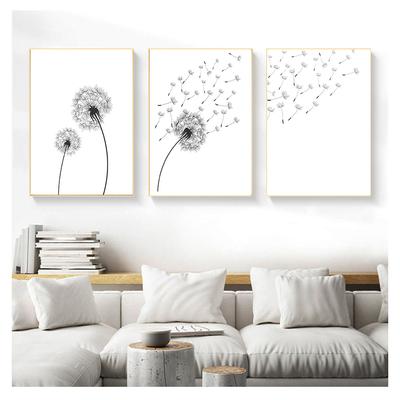 Imprimări poster minimaliste alb și alb, artă de perete, pictură, tablou de decor modern, set de 3 imprimeuri de păpădie, negru