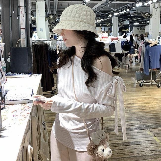 2025 Autumn Korean Style Spicy Girl Striped Bodycon One-Shoulder Long-Sleeve Slim Fit Tie-Up Top S (75-99 jin)