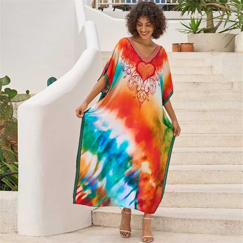 EDOLYNSA 2024 Boho Colorful Printed Batwing Sleeve V-neck Beach Dress Women Summer Swimwear Coverup Cozy Plus Size Kaftan Homewear Q1674