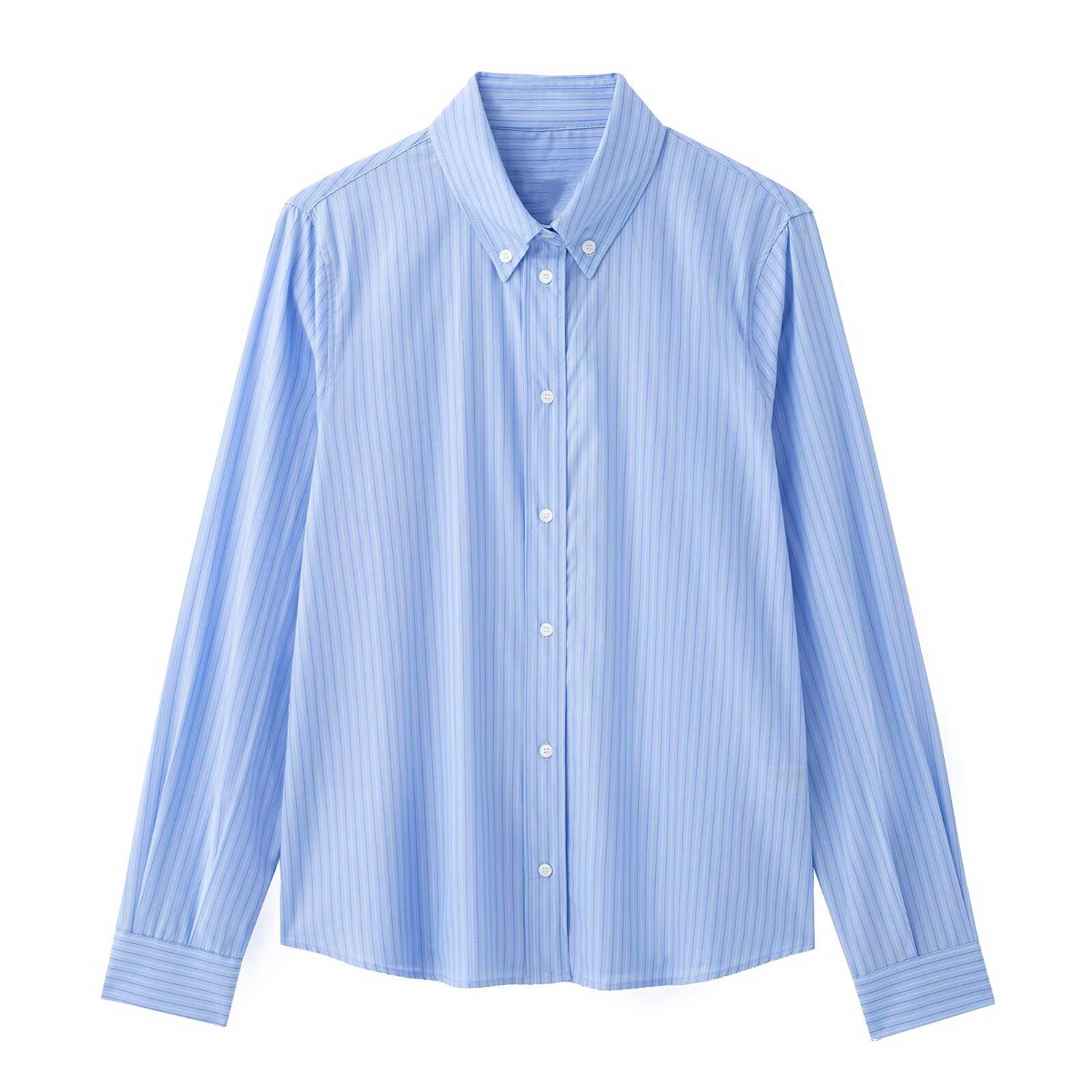 

Women s Spring 2025 Striped Long-Sleeve Casual Lapel Shirt Large светло-синий
