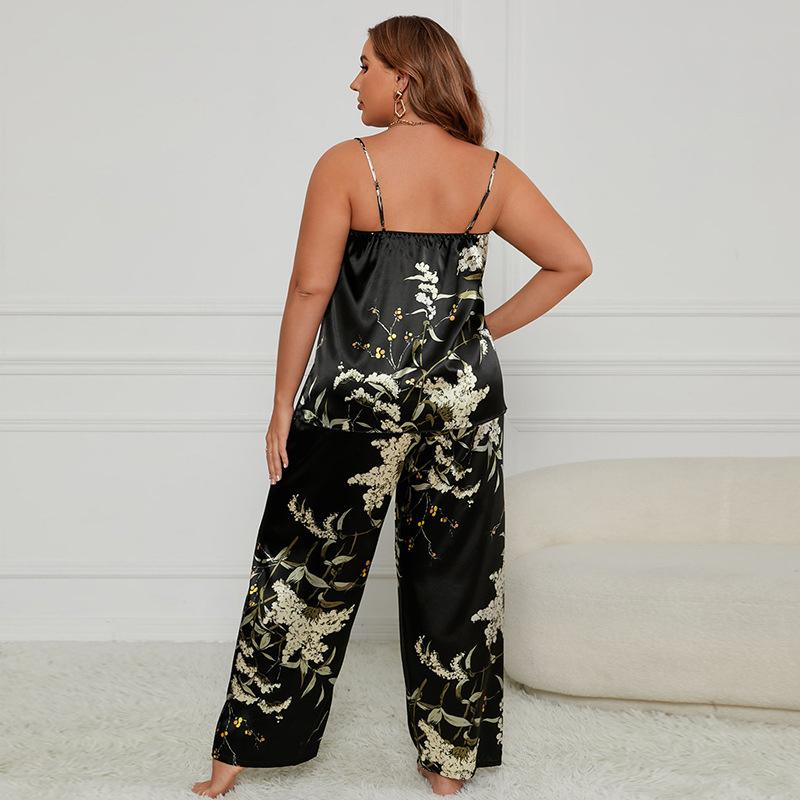 Large Size Camisole Sling+Pants Pajamas Women Summer Bathrobe Sexy Dressing Gown Home Dress Ice Silk Homewear Suit
