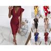 Damen Elegantes V-Ausschnitt Raffung Rüschen Hohe Taille Bodycon Midi Partykleid