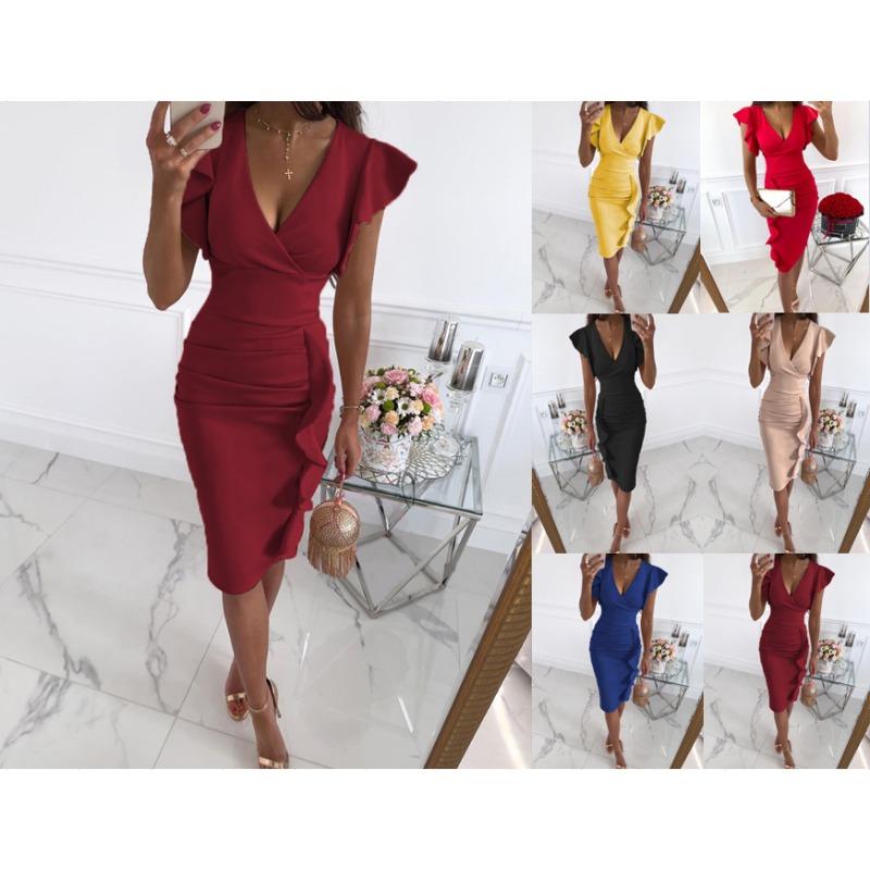 Damen Elegantes V-Ausschnitt Raffung Rüschen Hohe Taille Bodycon Midi Partykleid