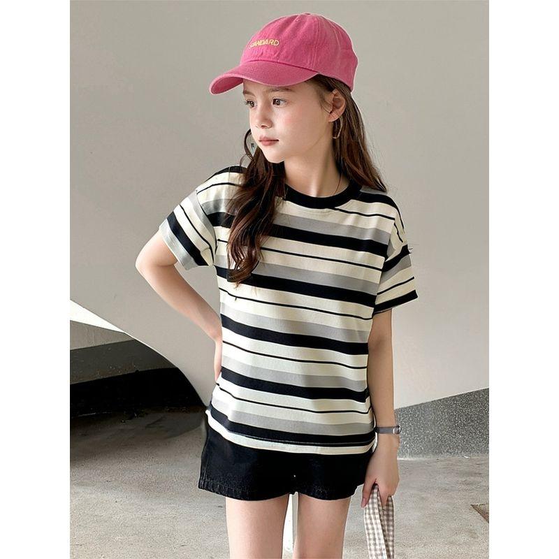 Children's Clothing Kids' Striped Stretch Short-Sleeve T-Shirt 2026 Summer Big Kids Half-Sleeve Lycra Cotton Girls' Youth Round Neck