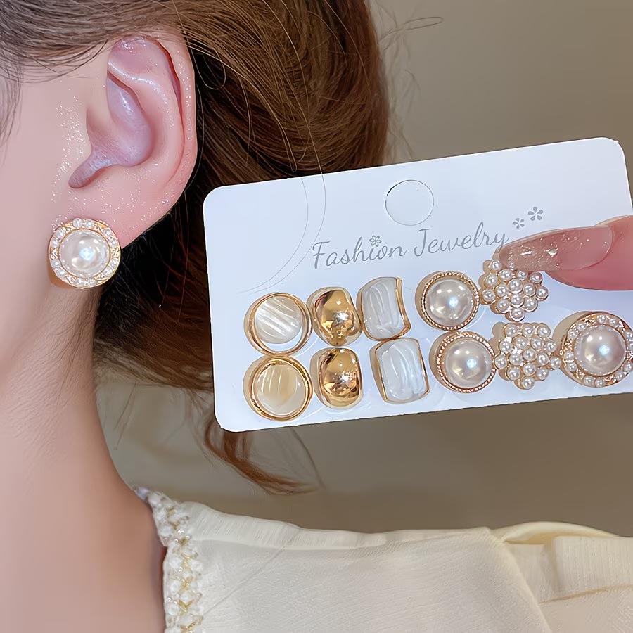 6 Pairs Enamel Pearl Stud Earrings Set For Women Cat's Eye Stone Pearl Minimalist Dainty Earrings Trendy Daily Wear Jewelry Gift