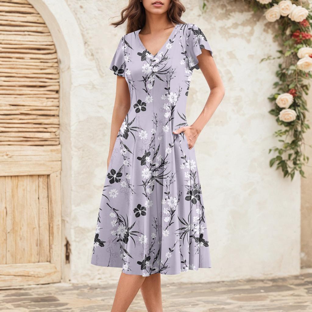 Women's Summer Fashion V-Neck Ruffle Sleeve Retro Elegant Midi Dress