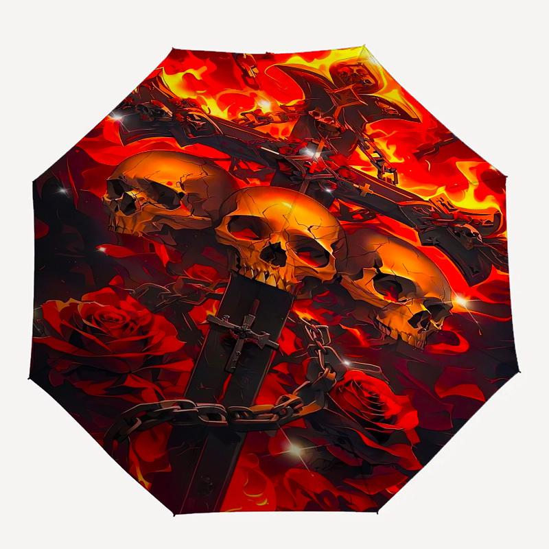 Skulls, Flames- Automatic umbrella, Four Seasons Portable Folding Umbrella, Suitable for Men and Women, Travel, Daily Compact Umbrella, Outd