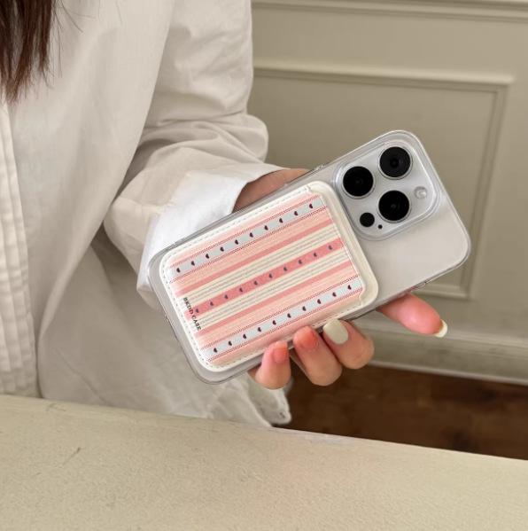 

Colorful Vertical Stripes Heart MagSafe Card Holder Apple Phone Case - Leather Access Card Holder Single Card Holder
