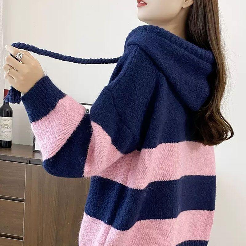 Sweater for Women Autumn Winter Thickened Hooded Pullover Warm Knitted Striped Stretchy Long Sleeve Oversize Jumper Sweater Tops