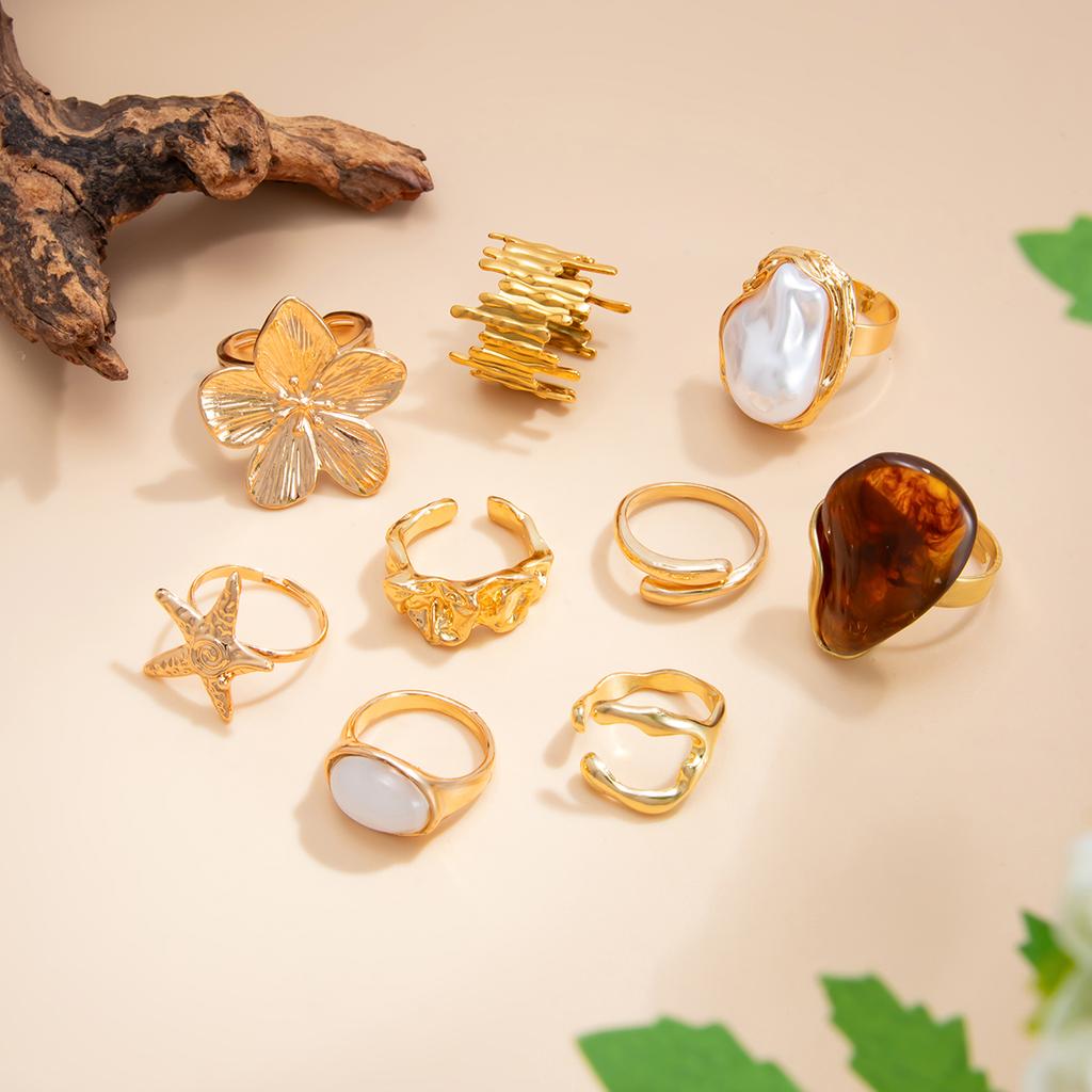 Salircon 9Pcs/Set Retro Imitation Pearl Flower Starfish Open Ring for Women Creative Irregular Geometry Ring Set Fashion Jewelry