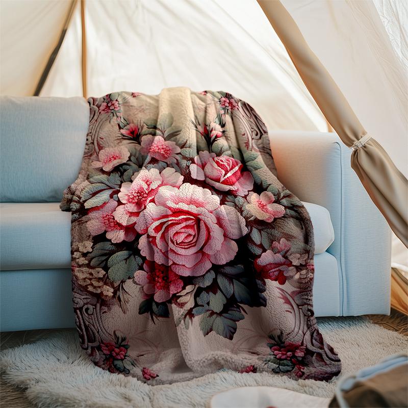 Floral Bouquet Print Flannel Blanket, Soft Warm Lightweight Throw Blanket for Living Room,Sofa Bed Camping Office