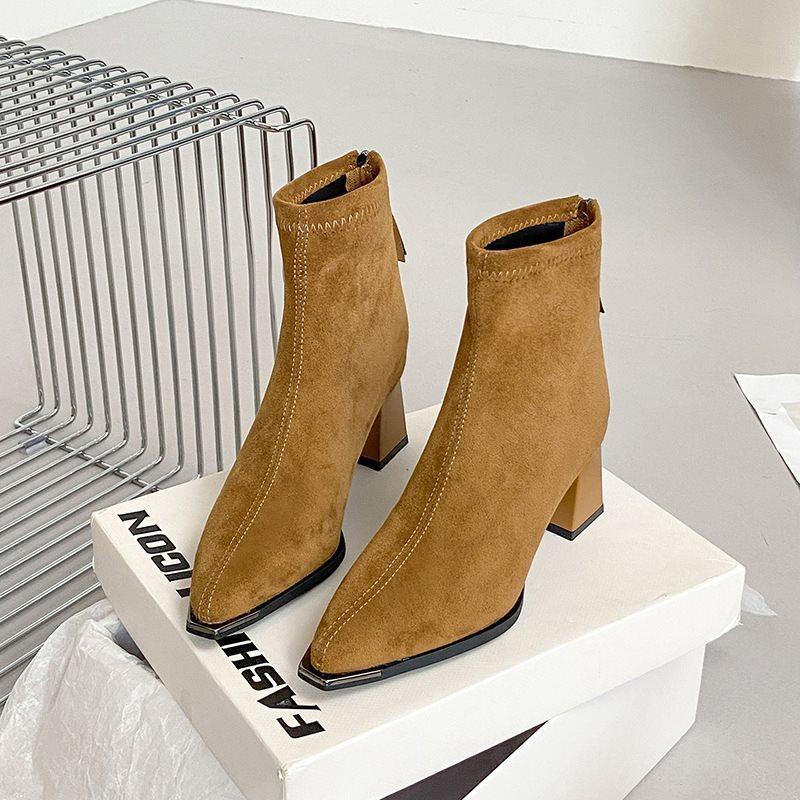 heightening boots autumn and winter French short boots women's thick heel cloth suede small thin boots women's 2025 high heel boots new
