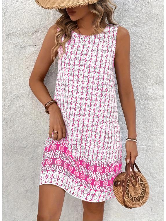 European & American Summer Plaid Print Casual Round Neck Dress for Women