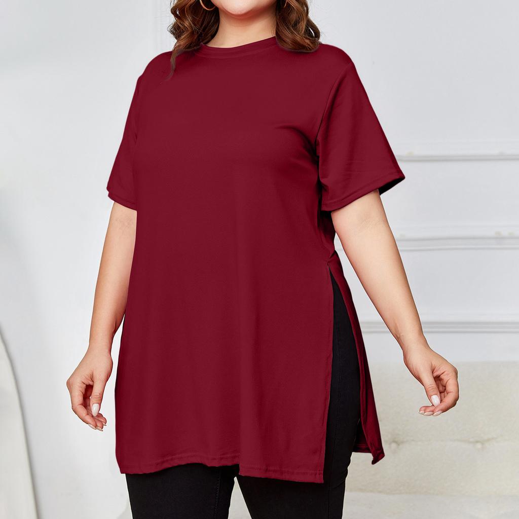 Women's Plus Size Slit Long T,shirt Round Neck Casual Loose Short Sleeved Top