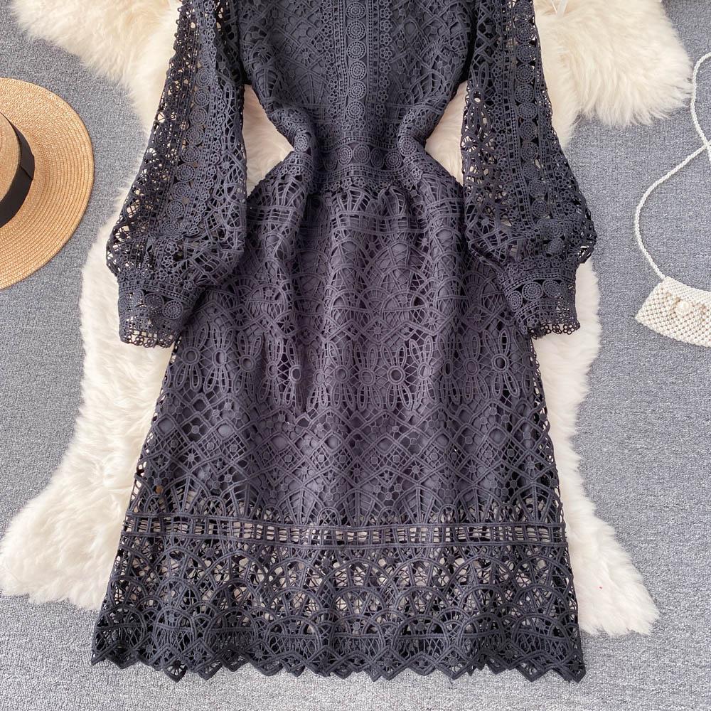 RUGOD Robe rétro haut de gamme de déesse du tempérament, robe trapèze en dentelle à crochet creux à taille fine et fleur