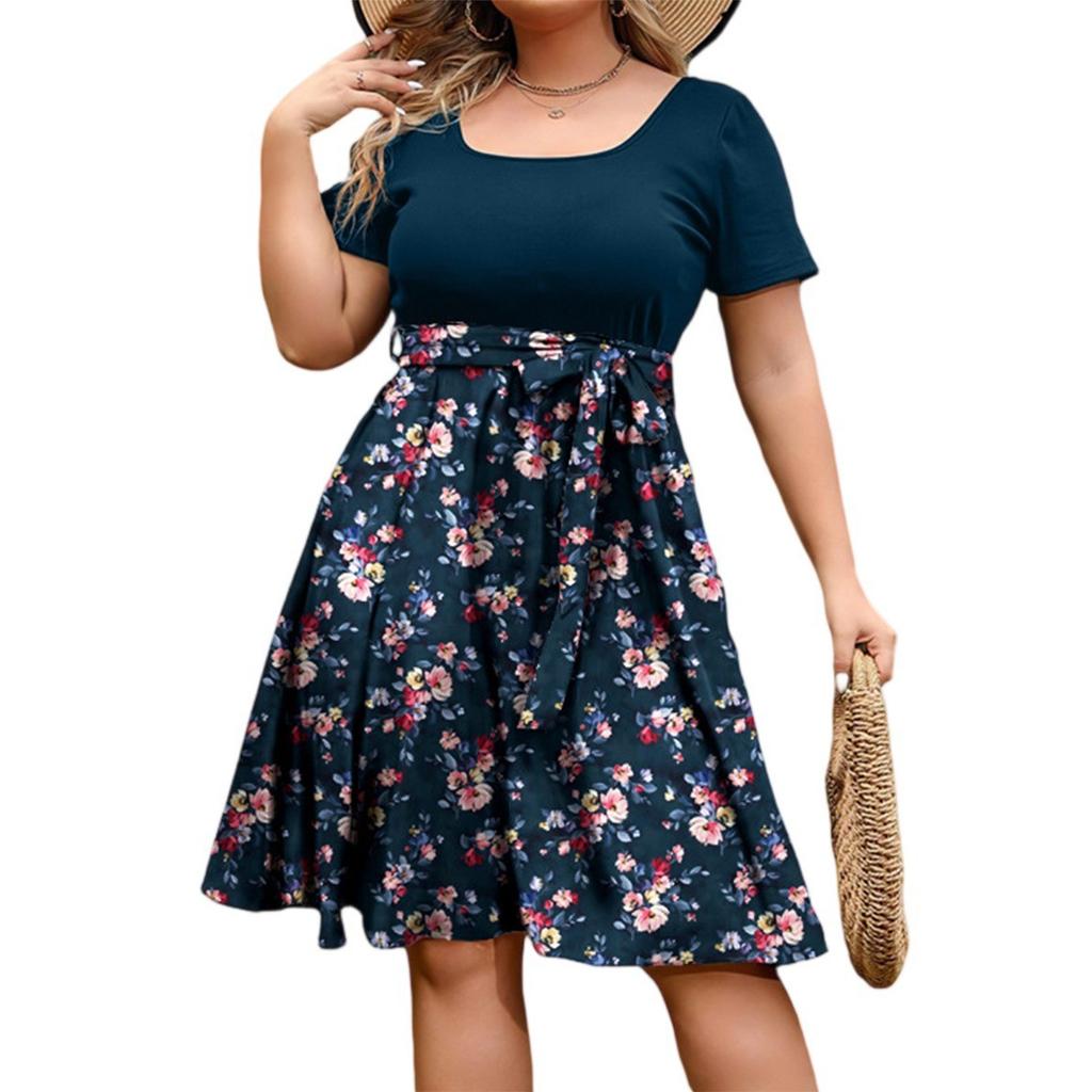 Damen Modisches Und Trendiges Rundhals Kurzarm Kleid Mit Taillenprint In Übergröße