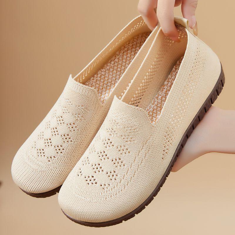 Jinshiyuanshu Shoes Women's Summer Shallow Mouth Mom Shoes Hollow Breathable Single Shoes Casual Shoes Soft Sole Comfortable Flat Shoes