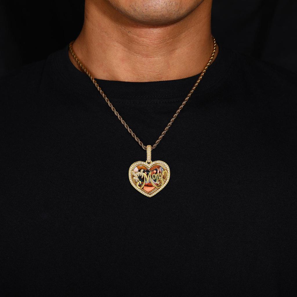 European & American Hip Hop Heart Photo Necklace: Copper Zirconia Pendant with DIY Personalized Heart Frame