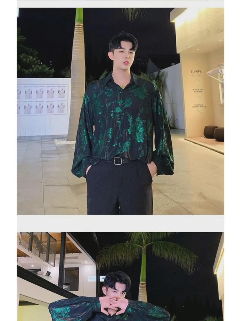 Pánská retro lesklá westernová košile s potiskem růží - Volná, trendy top kadeřníka ve stylu celebrit