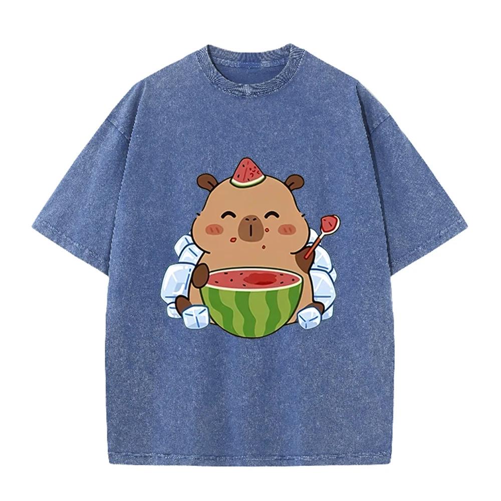 2026 Vintage Washed Beige Cute Capybara Watermelon Graphic T Shirt Summer Ice Animal Print Oversized Casual Short Sleeve Tee