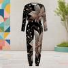 Women Plus Size Round Neck Long Sleeve Black Printed Two Piece Set Cuffed Top And Pants With Pockets