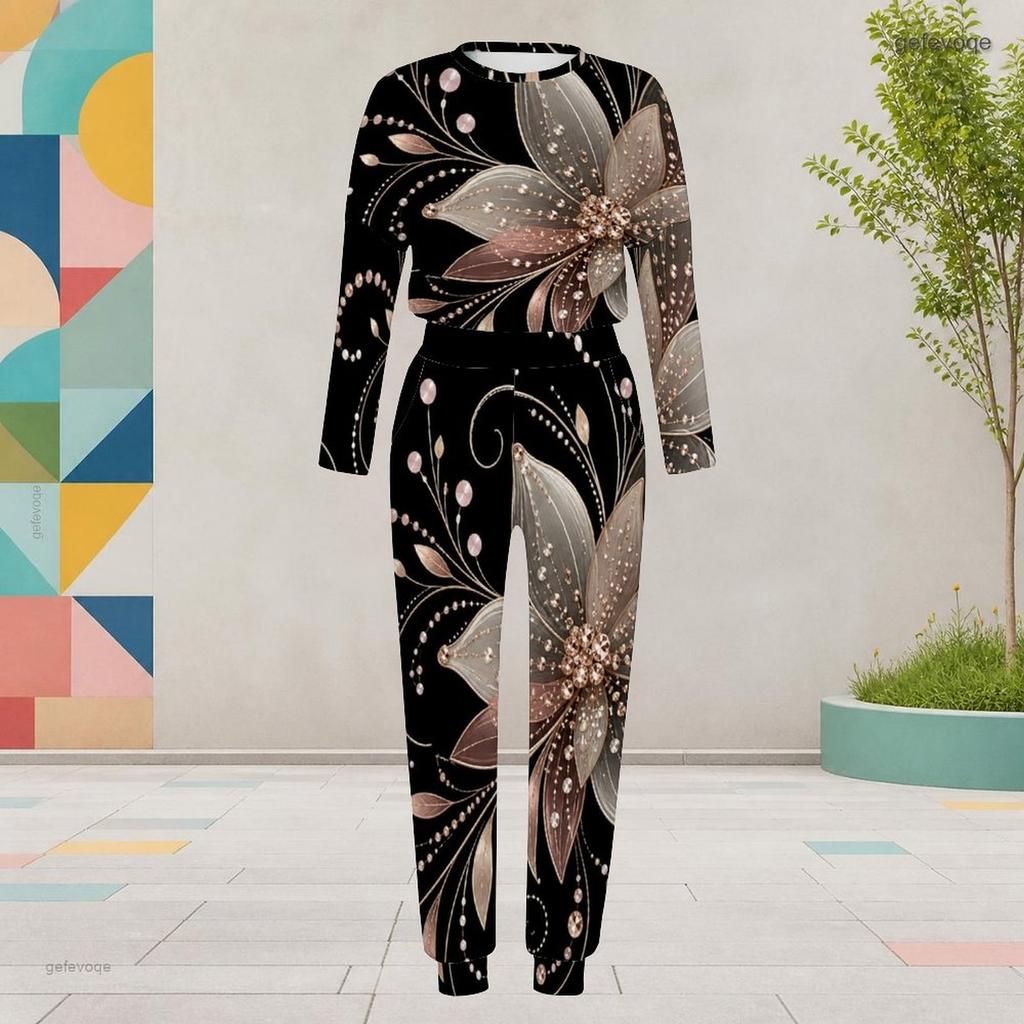 Women Plus Size Round Neck Long Sleeve Black Printed Two Piece Set Cuffed Top And Pants With Pockets