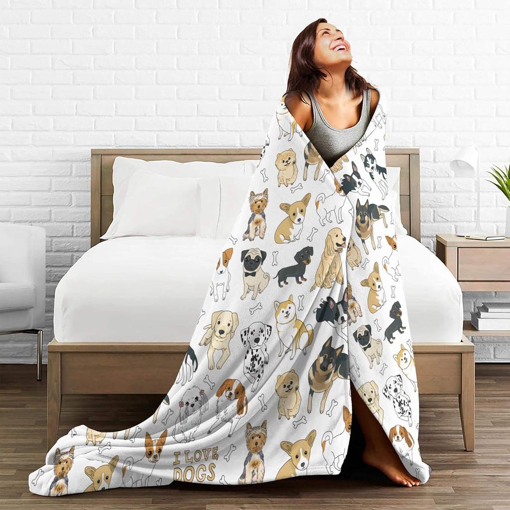 Cute Dogs Animal Print Throw Blanket Ultra Soft Warm All Season Decorative Pet Bones Flannel Blankets for Bed Chair Car Sofa Cou