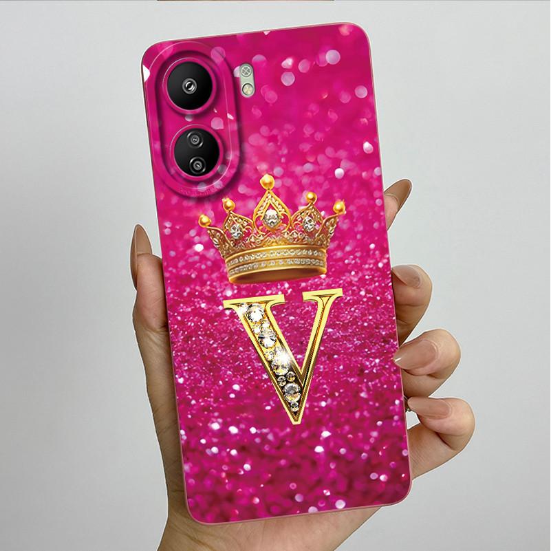 For Xiaomi Redmi 13C 4G Phone Case 13C Crown Initial Letter Silicone Soft Back Cover For Redmi 13C 13 C 4G Poco C65 Coque Capa
