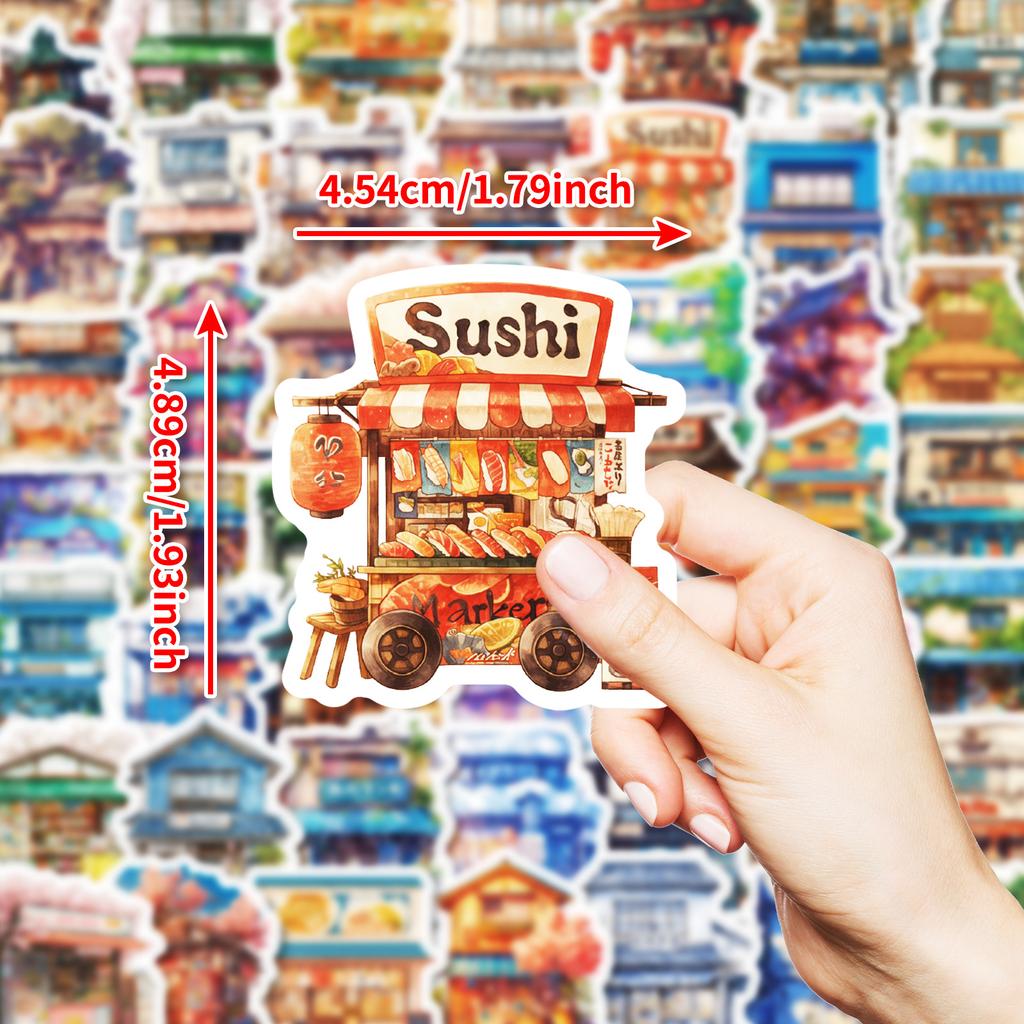 50 Sheets Of Japanese Architecture Series Hand Account Material Decoration Collage Base Sticker Cartoon Hand-Painted Graffiti Waterproof Decoration