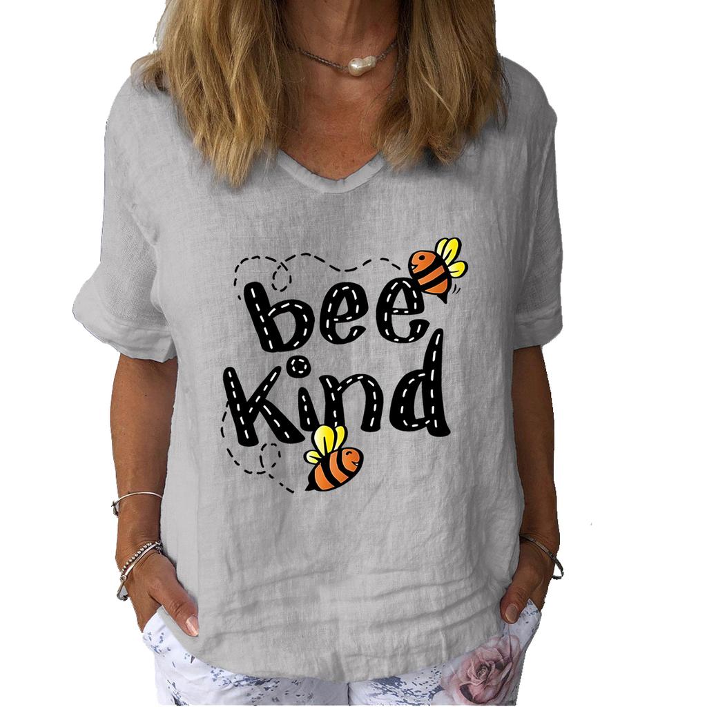 Women Fashion Cotton Linen T-shirt Casual V-neck Short Sleeve Top Ladies Print Tee Shirt