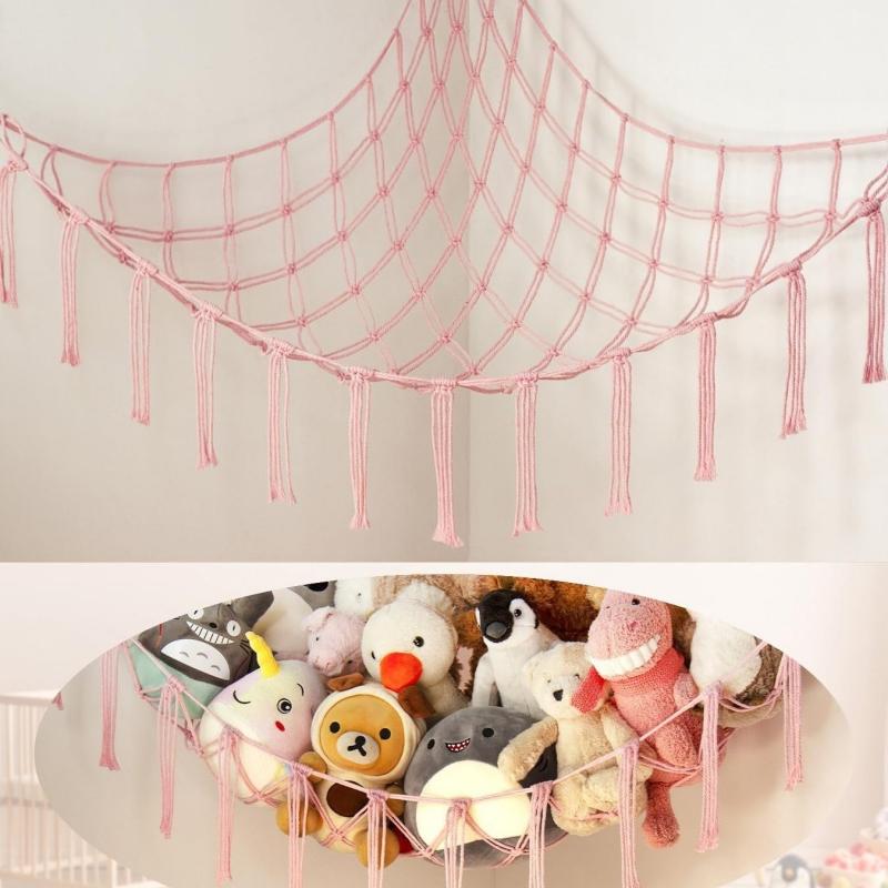 Boho Stuffed Animals Net Hammock Large Toy Macrame Wall Hanging Storage Corner Hanging Net Holder for Bedroom Nursery Decor GIft