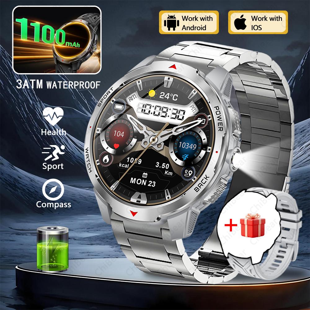 New 1100mAh Large Battery Smart Watch Men Compass LED Flashlight 3ATM Waterproof Bluetooth Call Heart Rate Sports Smartwatch