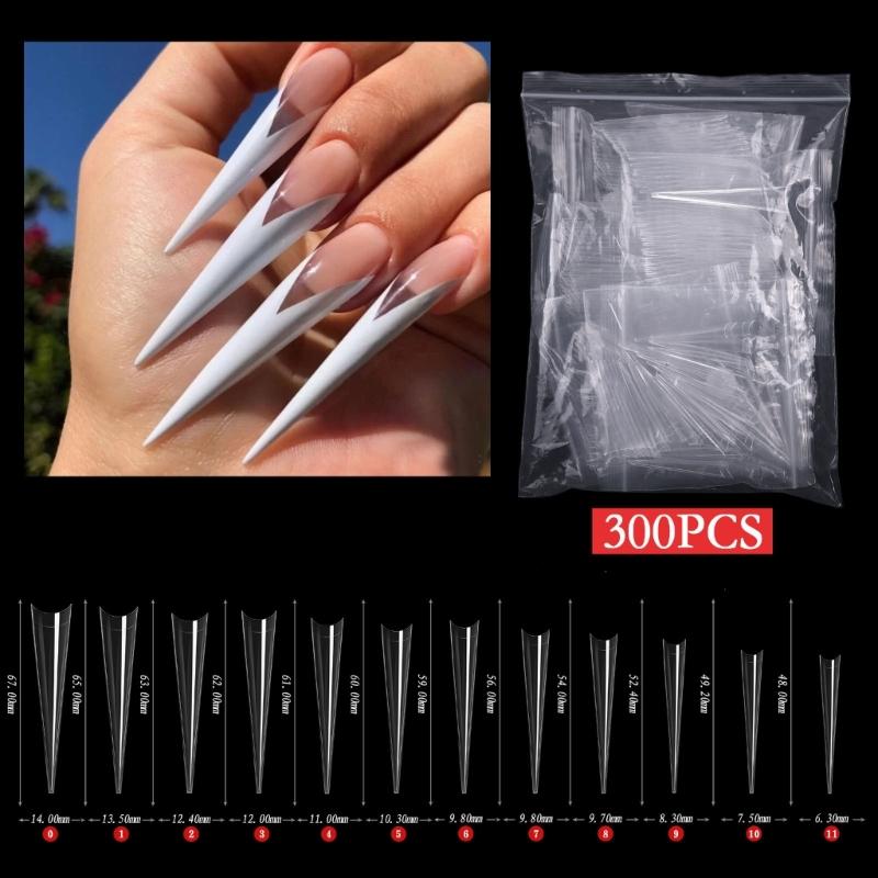 300/500pcs Stiletto Nail Tips Acrylic-Nails Long False Nails Clear/Natural Fake-Nails Half Coverage False Nail Tips