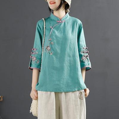 Women Clothing Chinese Style New Fashion Shirt Casual Stand Collar Three Quarter Sleeve Vintage Embroidery Button Blouse
