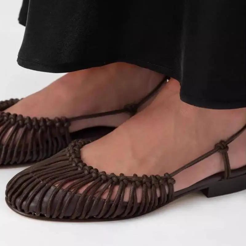 2025 Women Low Heels Sandals Woven Hollow Out Roman Sandals Fashion Lace-up Round Head Sandals Summer Casual Ankle Strap Flats