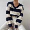 Women Knitted Sweater V-Neck Long Sleeve Crop Pullover Jumper Patchwork Color Twist