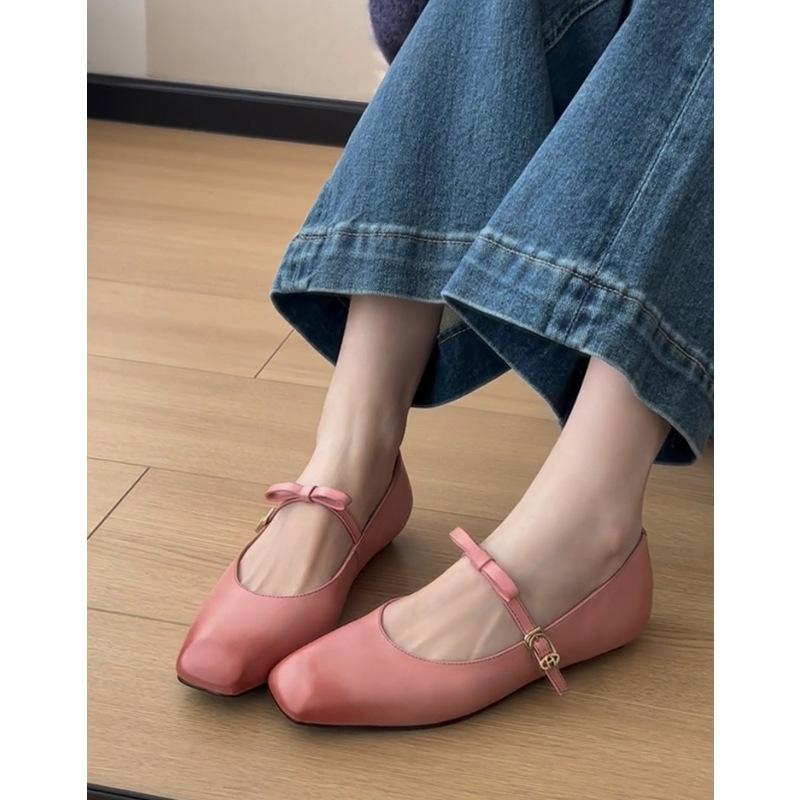 Sheepskin Version~ Leather Bow French Word Belt Mary Jane Shoes Women's Retro Flat Ballet Single Shoes Evening Shoes